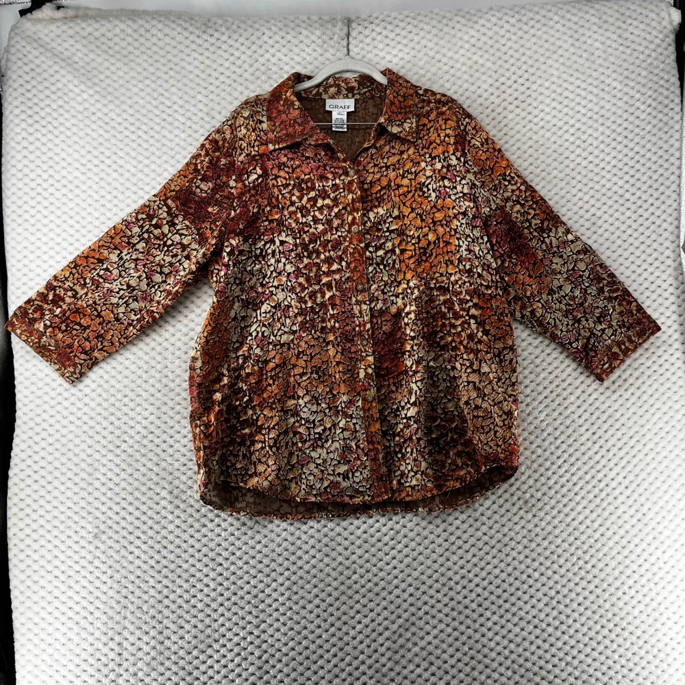 GRAFF Sheer‎ Button Down Top Floral Print Lightweight Blouse Retro Fiery Size L
